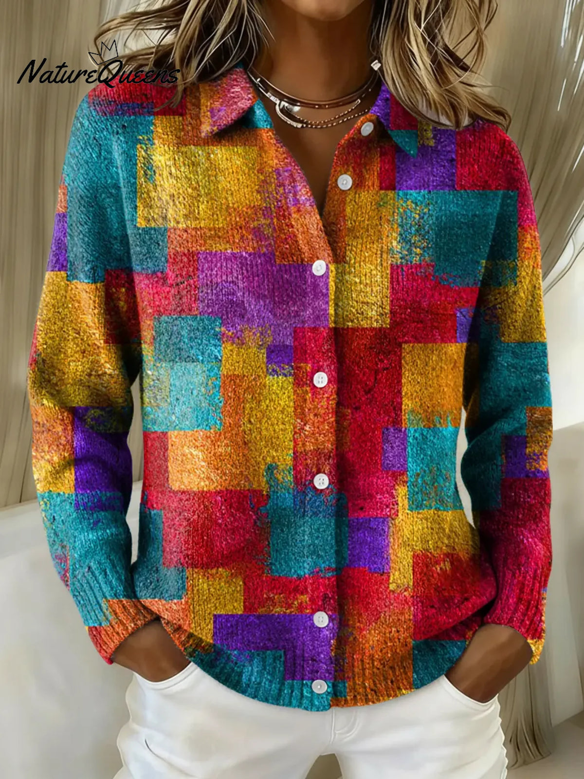 Women's Color Gradient Geometric Art Collared Sweater