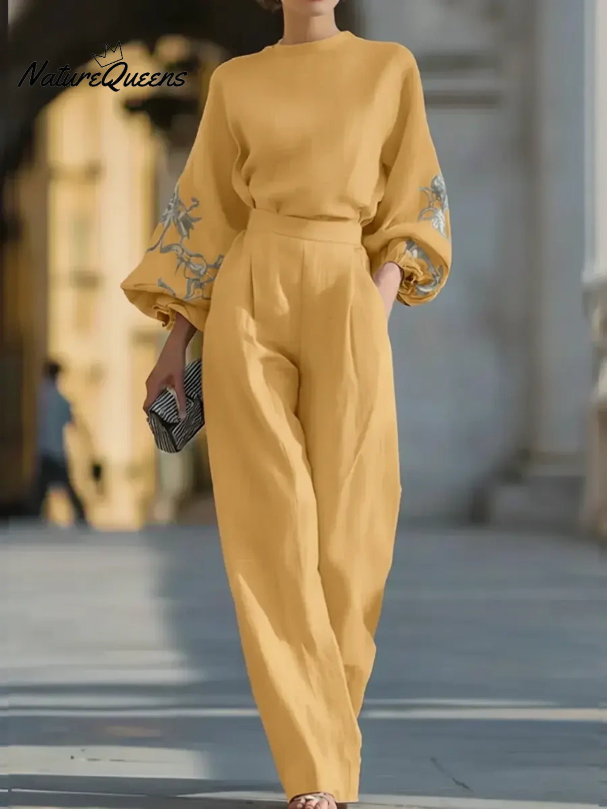 Women's Linen And Cotton Top And Trousers Two-piece Set