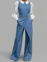 Women's Round Neck Sleeveless Casual Loose Denim Wide-leg Jumpsuit