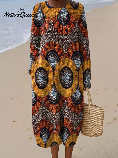 Exotic Circular Decorative Pattern Women's Casual Round Collar Long Sleeve Dress
