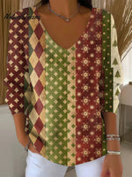 Women's Vintage Christmas Art Print V-neckLooseSweater