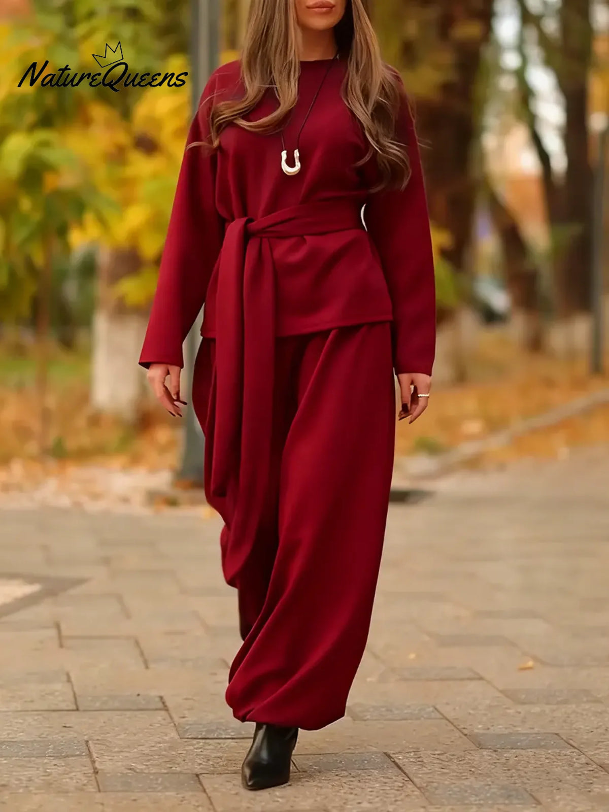 Women's Solid Color Crew Neck Long Sleeve Casual Loose Sweatshirt With Elastic Waist And Wide Leg Pants Set