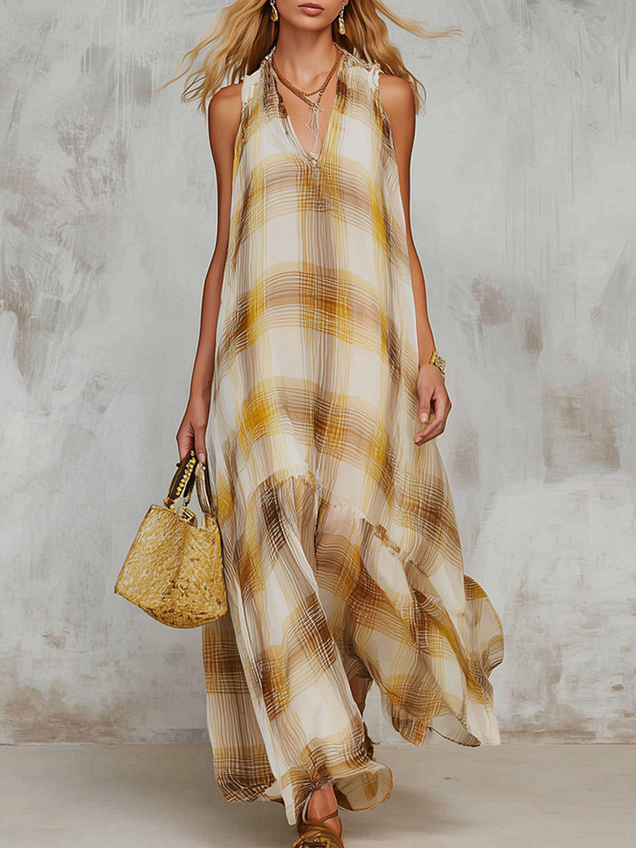 Ombré Plaid Sleeveless V-neck Maxi Dress With Flowing Full Skirt