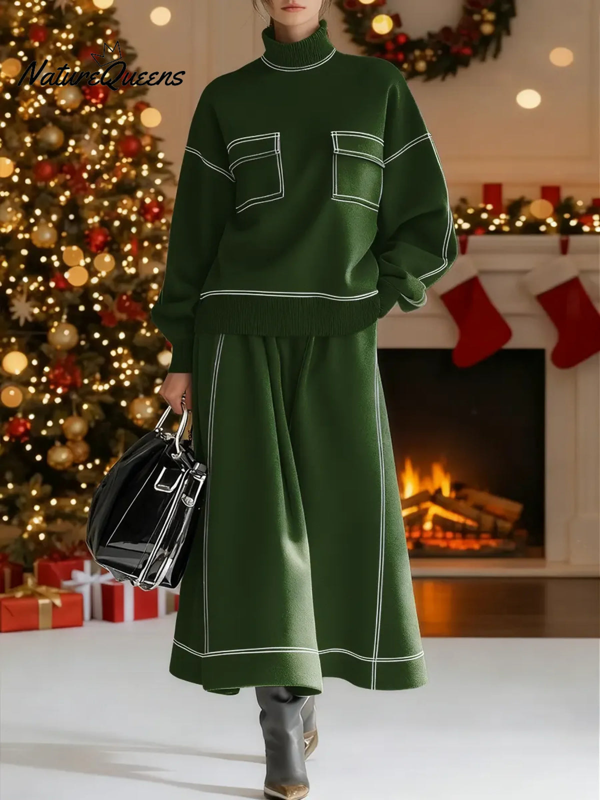 Women's Solid Color High-neck Long-sleeve Casual Pocket Loose Top And High-waisted A-line Skirt Set