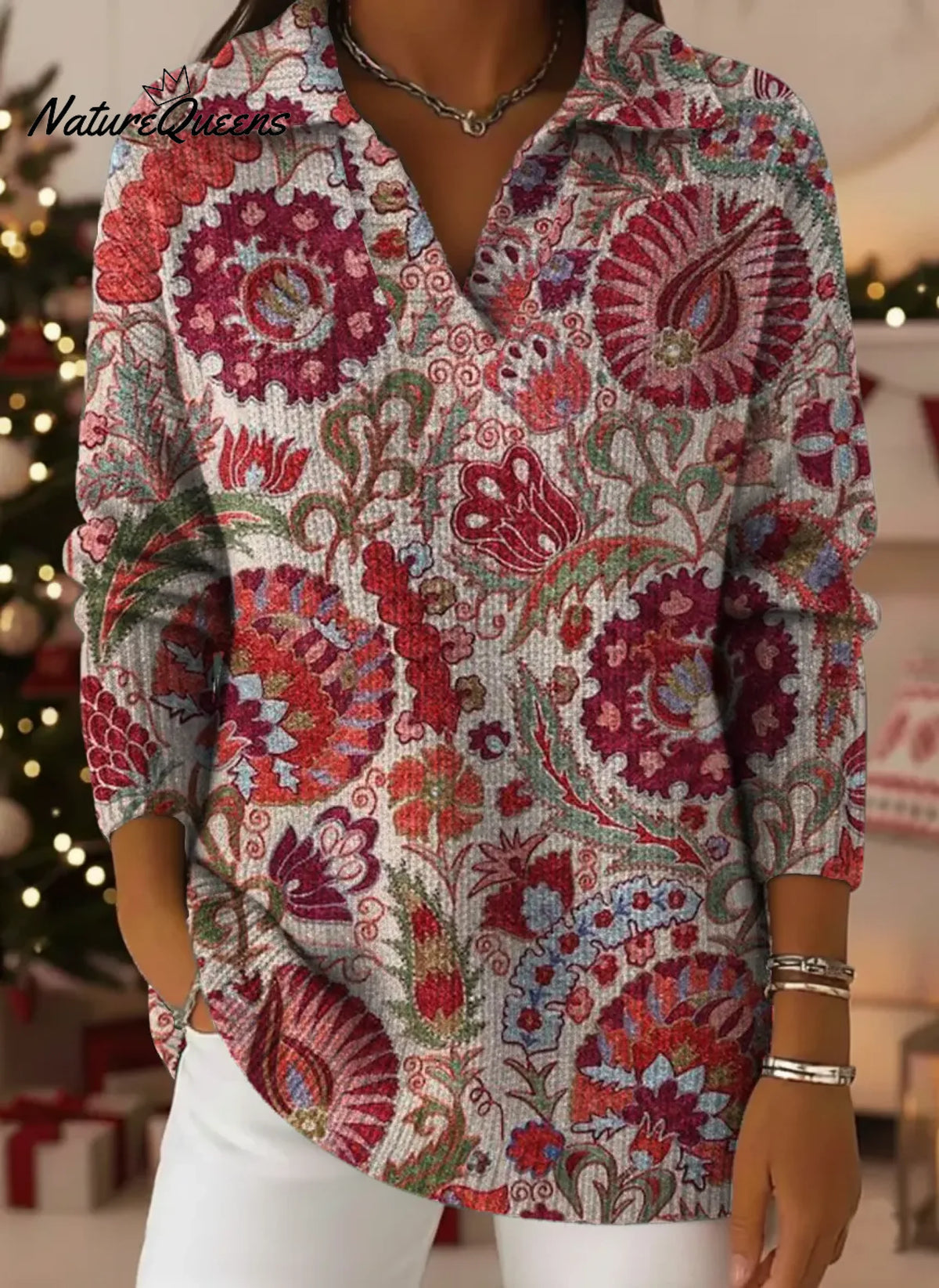 Women's VintageFlowerArt Print Casual Sweater