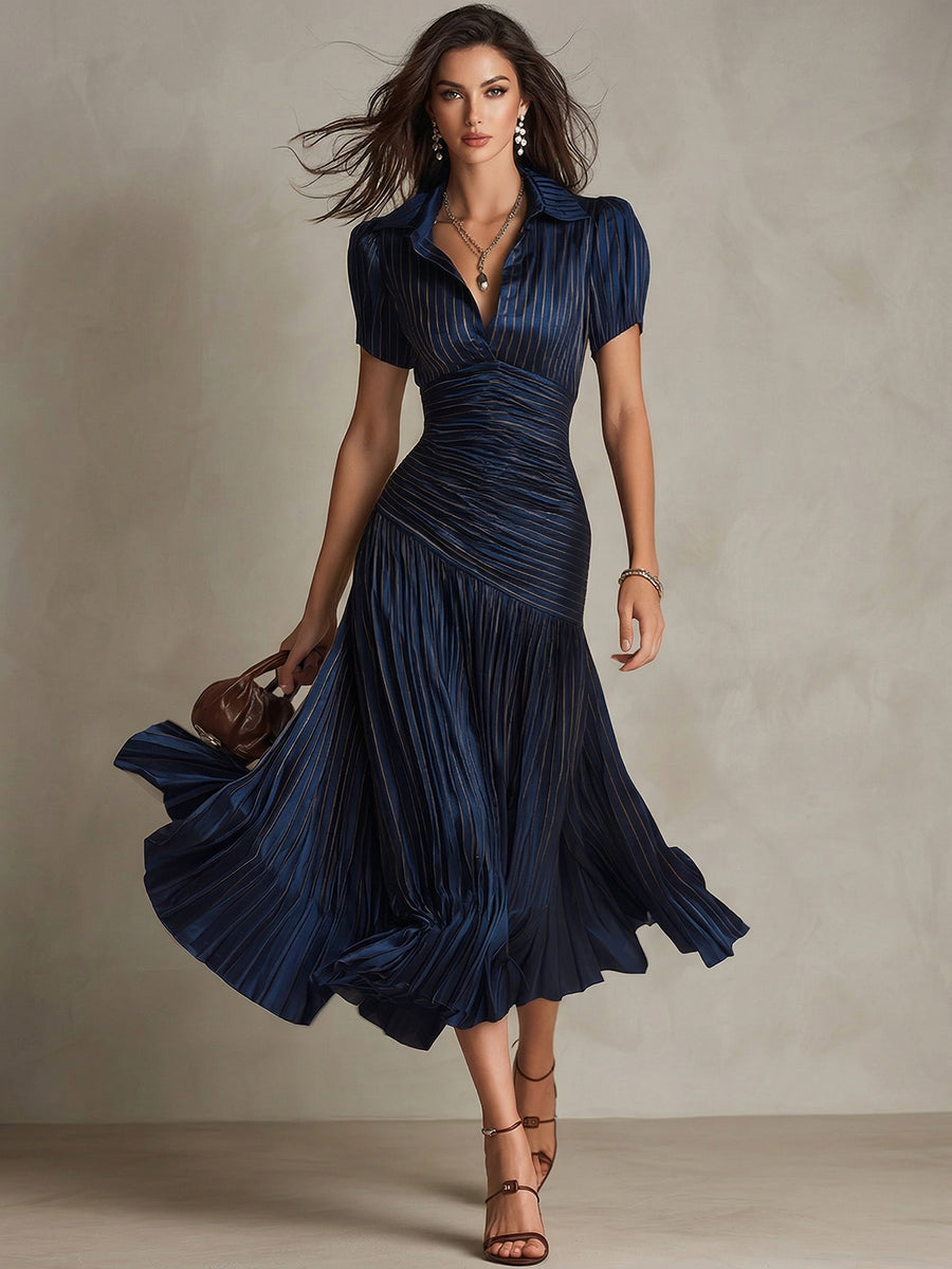Elegant Draped & Pleated Striped Midi Dress