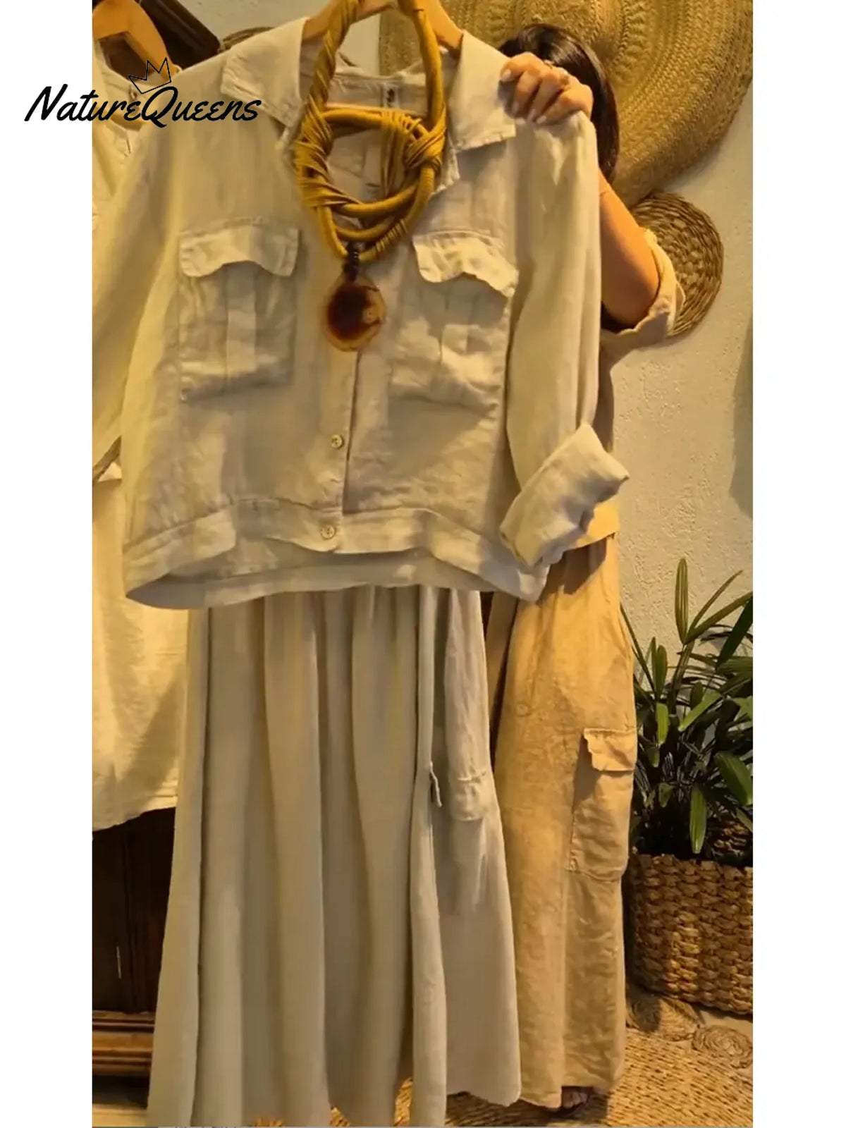 Women's Casual Linen And Cotton Top And Skirt Two-piece Set