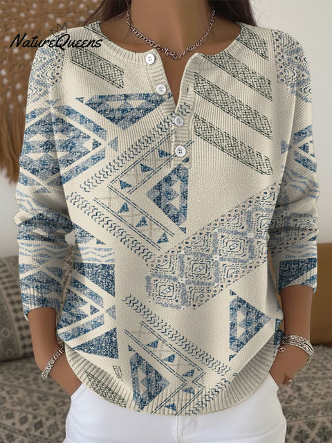 Exotic geometric totem decorative pattern Women's Casual Cardigan Collar Sweater