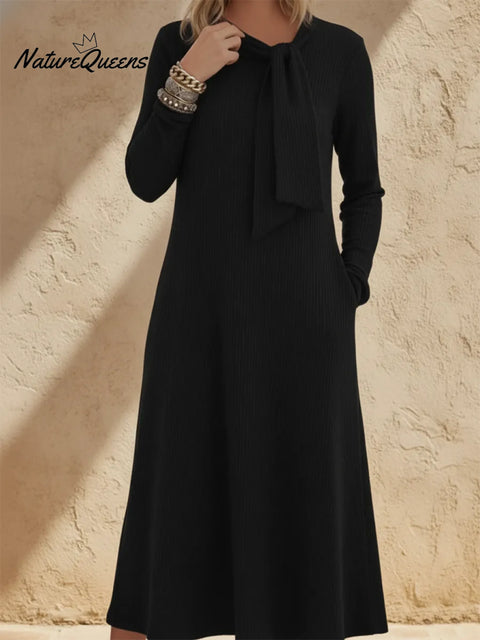 Elegant Ribbon Tie-neck Knit Midi Dress