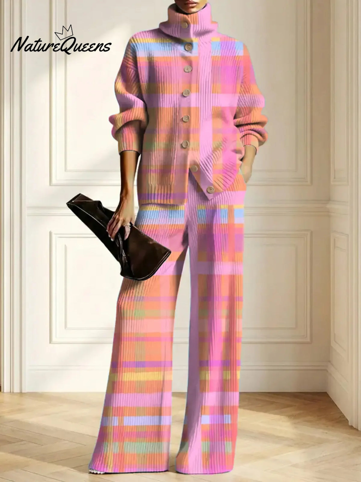 Women's Plaid Pattern Art Print Casual Cotton Knitted Suits