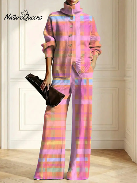 Women's Plaid Pattern Art Print Casual Cotton Knitted Suits