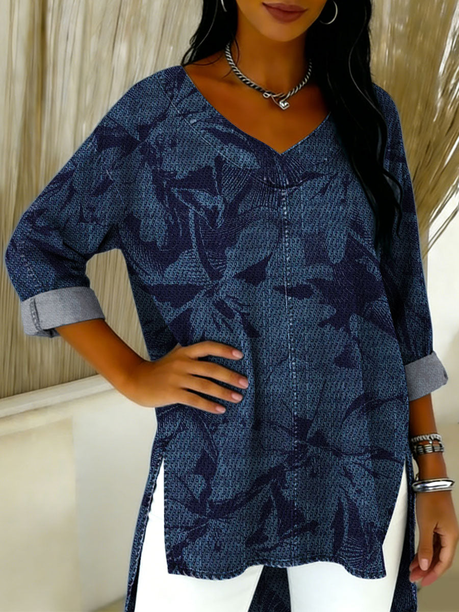 Denim Floral Decorative Patterns Women's Casual V Neck Collar Shirt