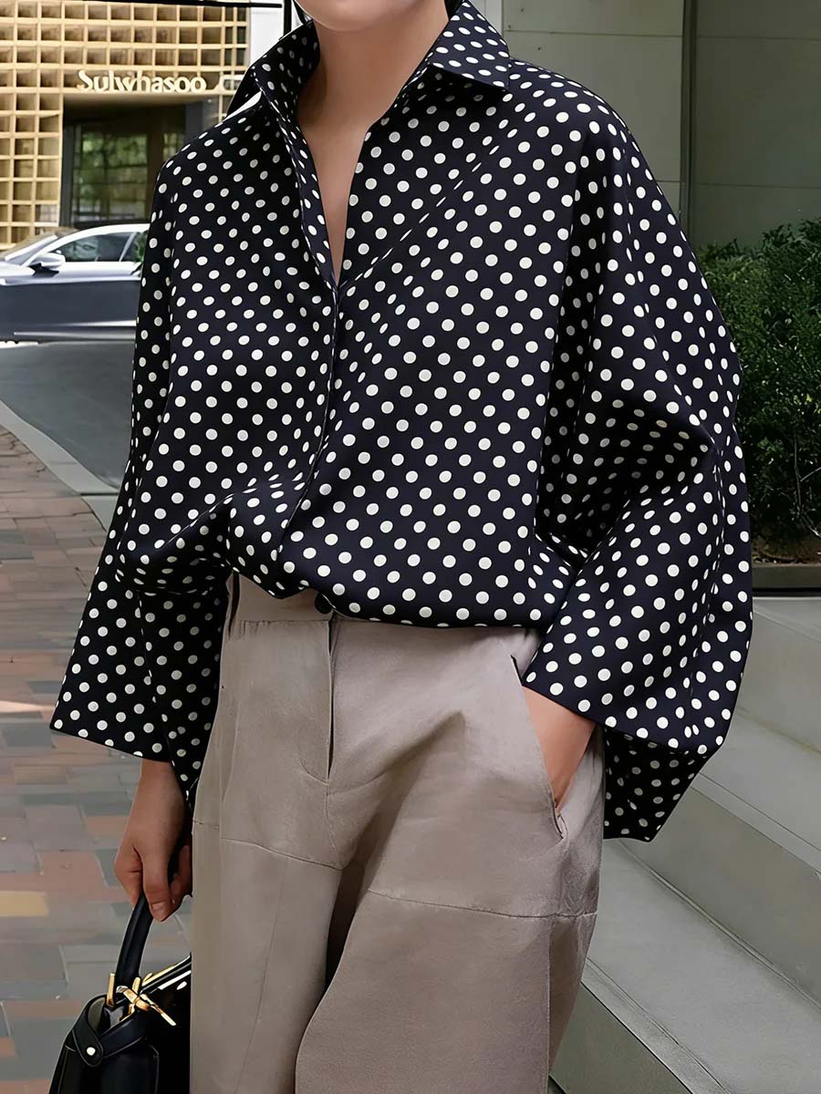 Women's Shirt-collar Long-sleeve Loose-fit Casual Top With Polka Dot Print
