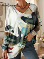 Women's Abstract Colors Pattern Art Print V-neck Casual Cotton T-shirt