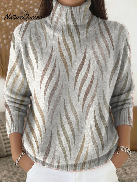 Simple Geometric Short Wavy Line Decorative Patterns Casual Stand Collar Long Sleeve Sweater