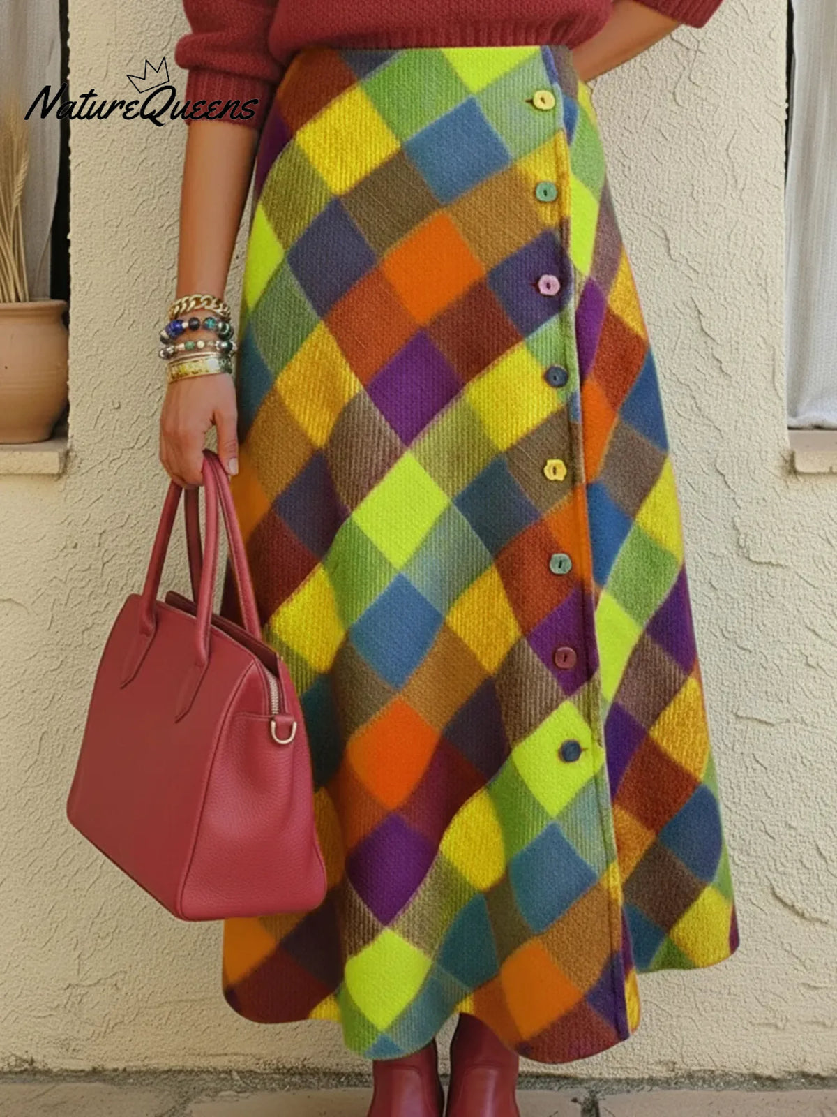 Colorful Palette Print Woolen Button-up Skirt