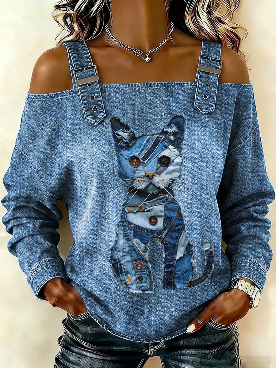 Women‘s Cat Art Print Casual Cotton Denim Shirt