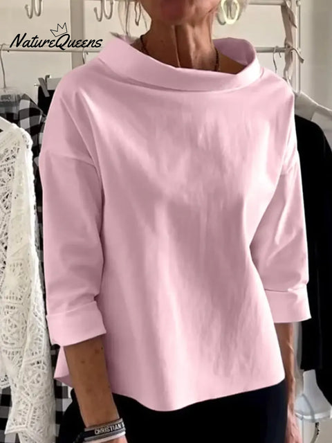 Women's Solid Color Stand Collar Long-sleeved Casual Loose Cotton Shirt
