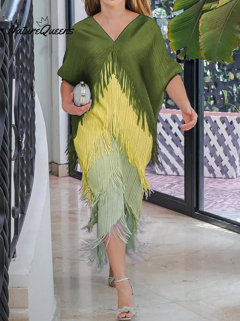 Women's V-neck Color-blocked Three-quarter Sleeve Casual Loose Tassel Dress