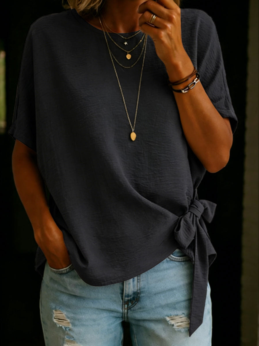 Women's Solid Color Round Neck Short-sleeved Tie-front Linen Cotton Shirt