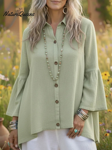Cozy Button-down Flared Sleeve Linen Shirt Top
