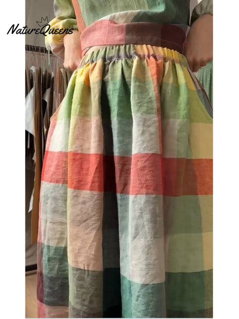 Women's Cotton And Linen Plaid Top And Skirt Two-Piece Set