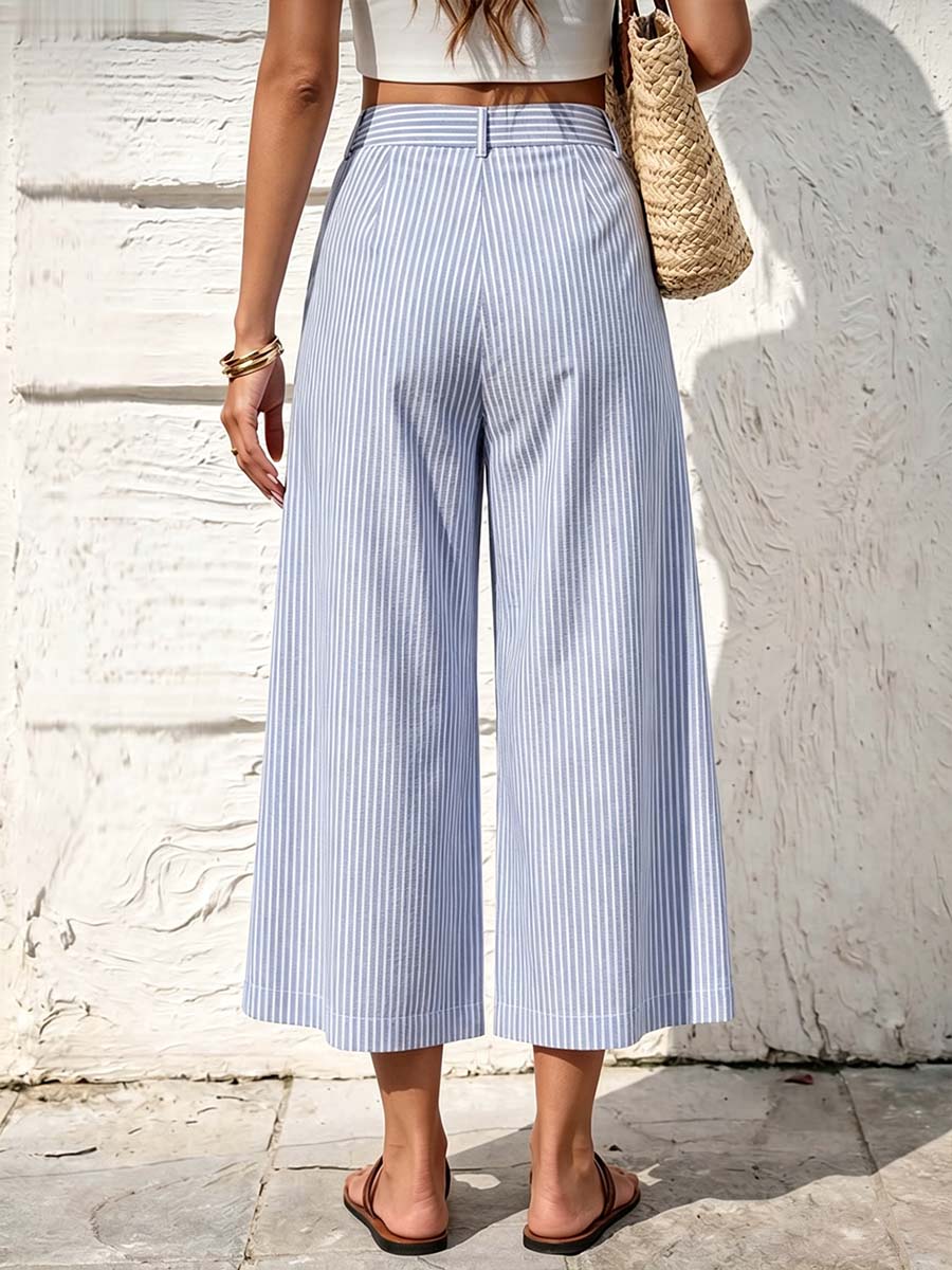 Women's Striped High-waisted Casual Loose Cotton-linen Wide-leg Pants