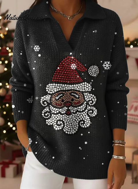 Christmas Print Lapel Casual Knit Sweater
