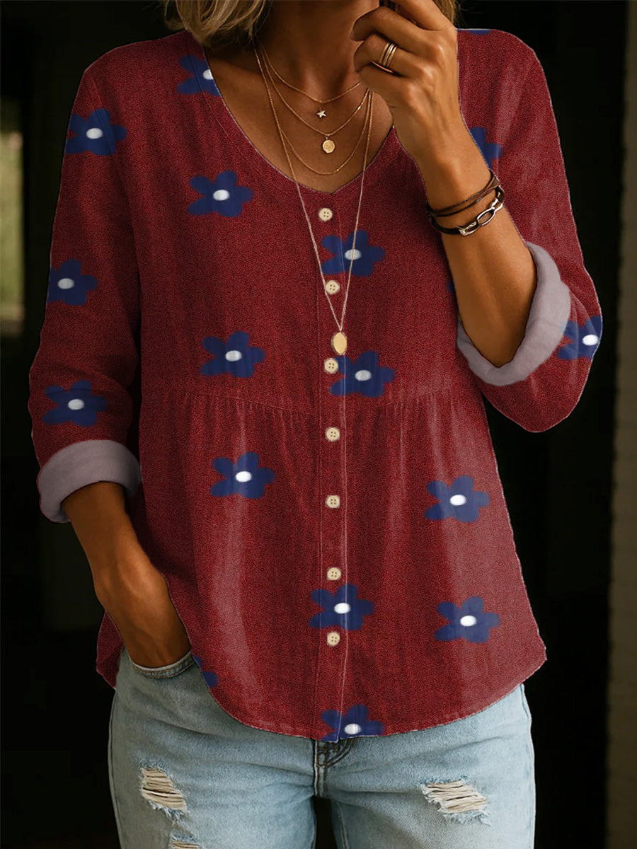 Retro Floral Print Long-sleeve Button-up Shirt