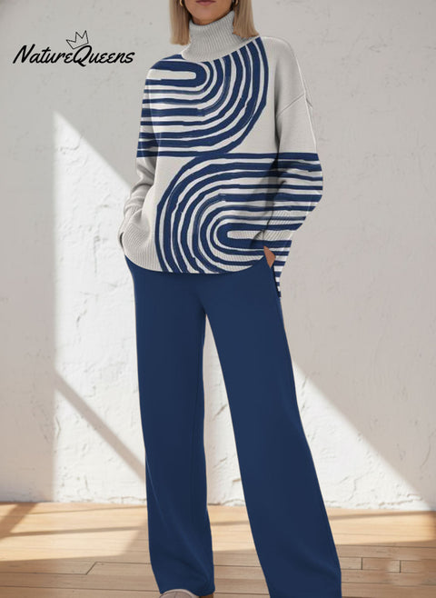Women's Abstract Pattern Art Print Casual Knitted Cotton Top Pants Suit