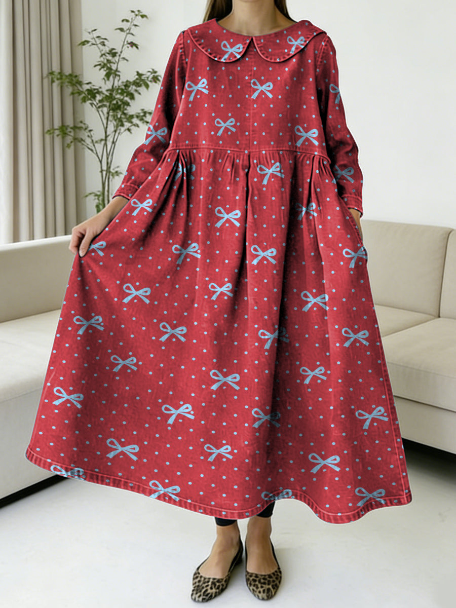 Women's Polka Dot And Bow Tie Decorative Pattern Casual Peter Pan Collar Long Sleeve Dress