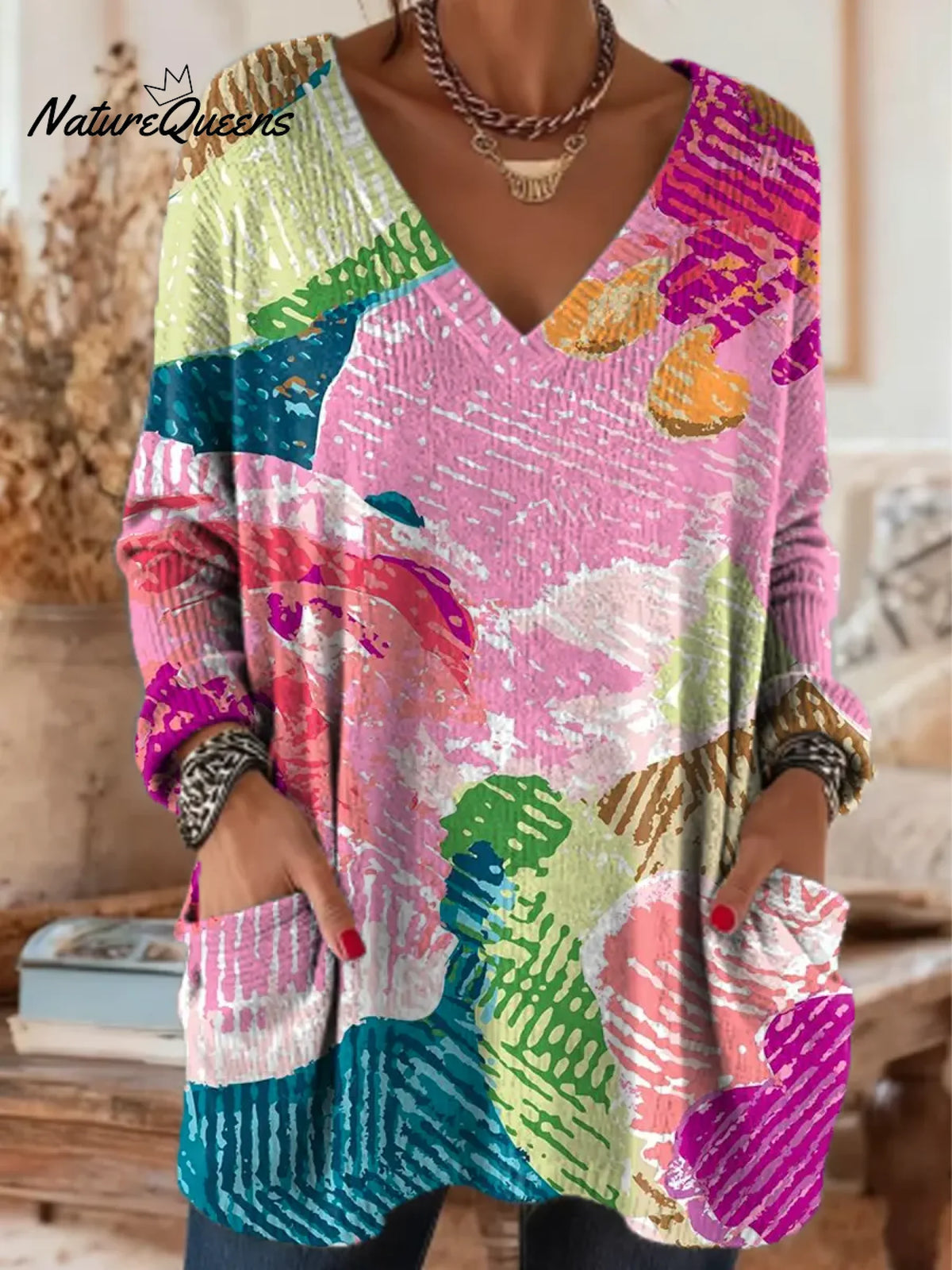 Women's Abstract Pattern Art Print Casual Cotton Knitted Sweater