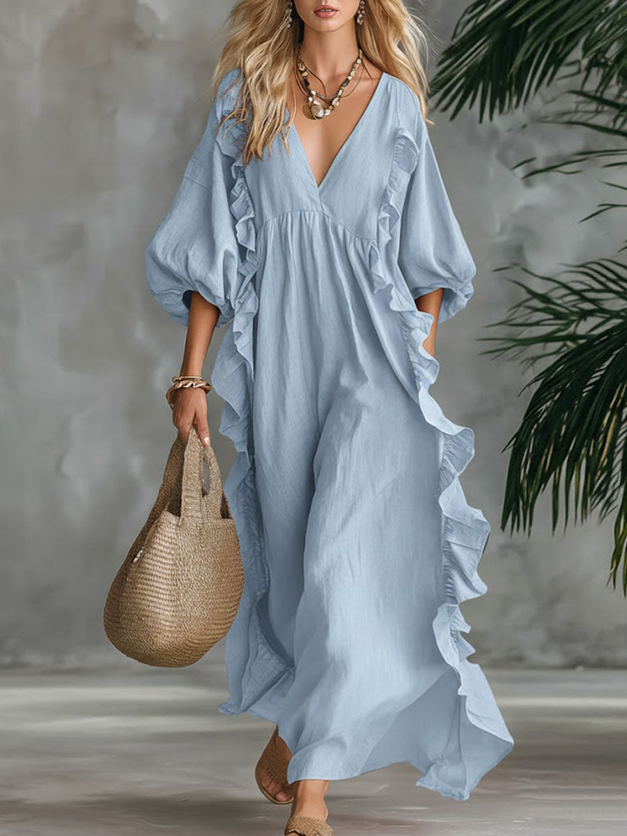 Women's Solid Color V-neck 3/4 Sleeve Casual Loose Cotton And Linen Dress