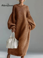 Women's Solid Color Round Neck Long Sleeve Casual Loose Knit Dress