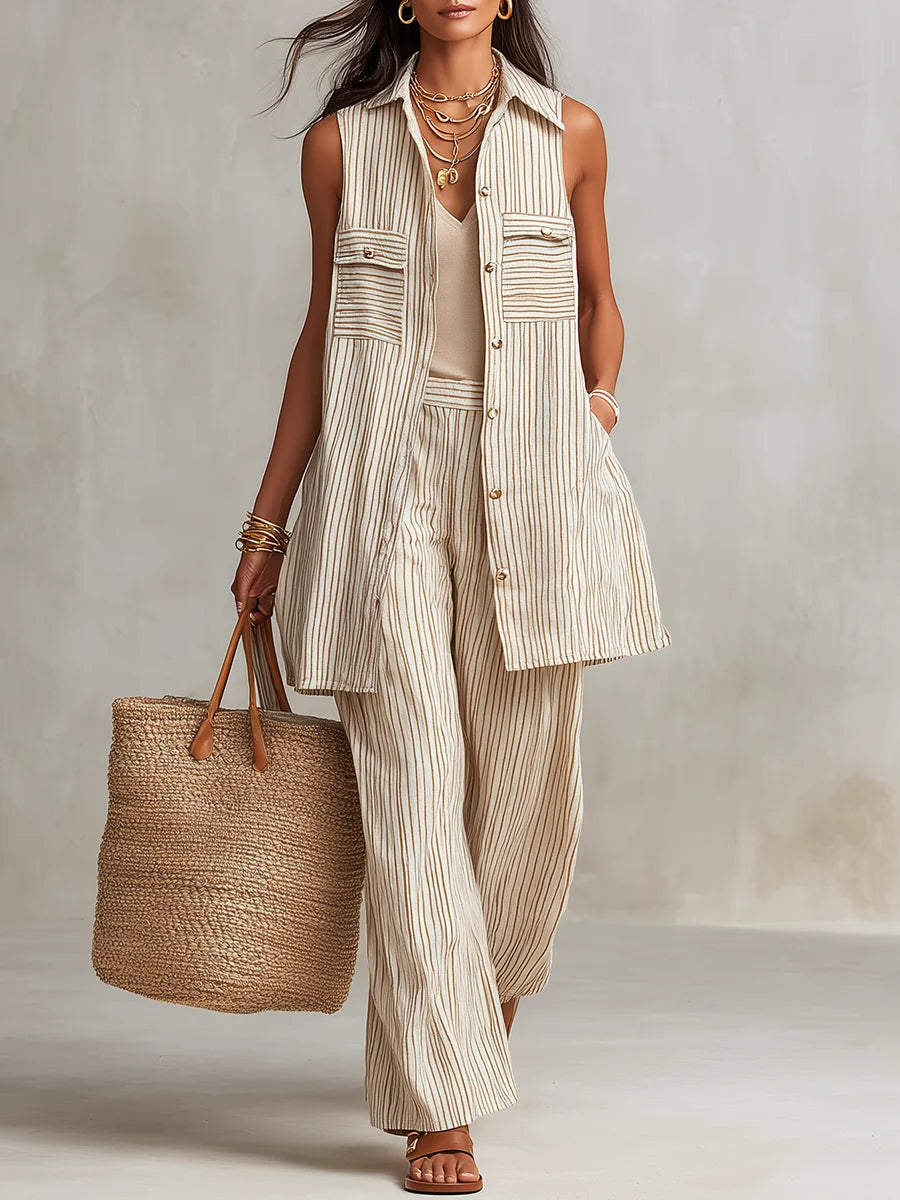 Women's Striped Art Casual Top And Pants Cotton Linen Suits