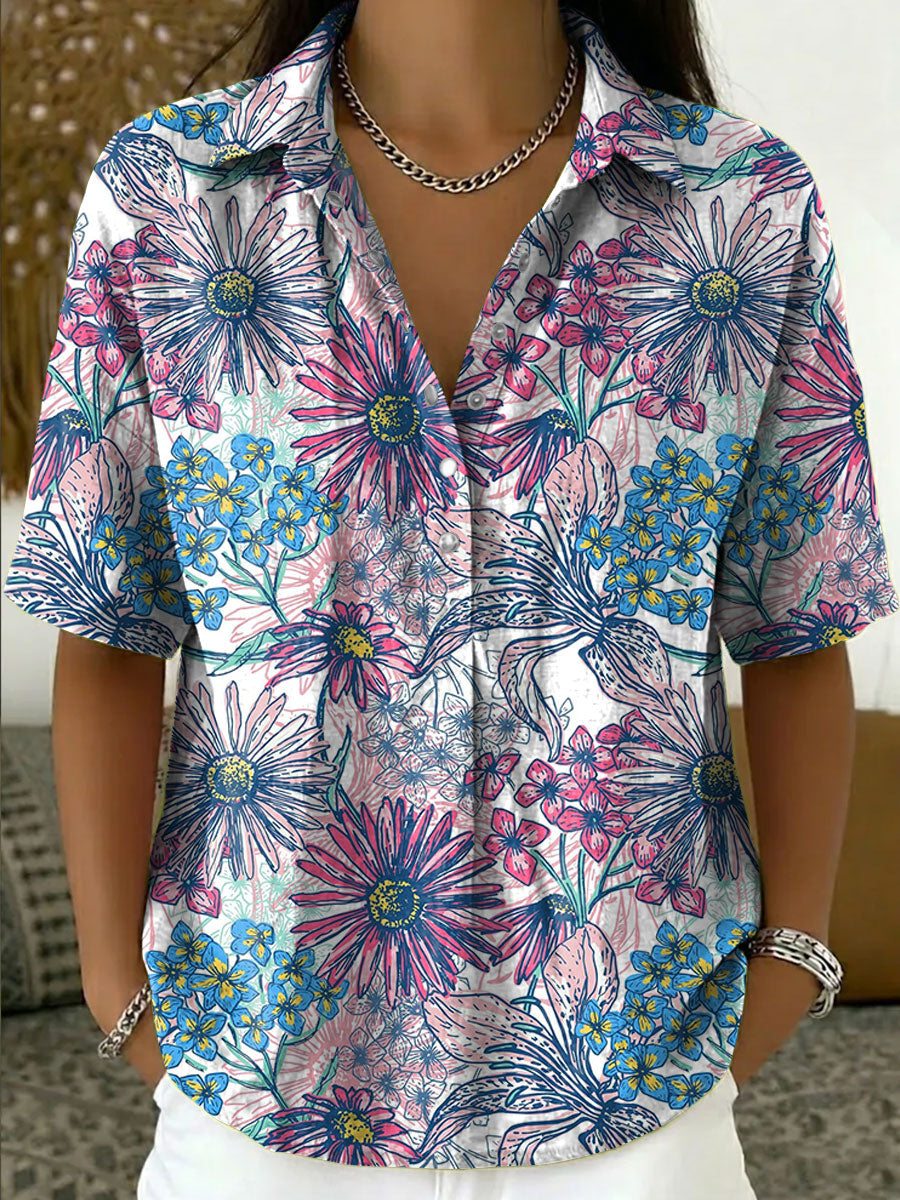 Women's Vintage Botanical Floral Casual Polo Collar Short-sleeved Linen And Cotton Shirt