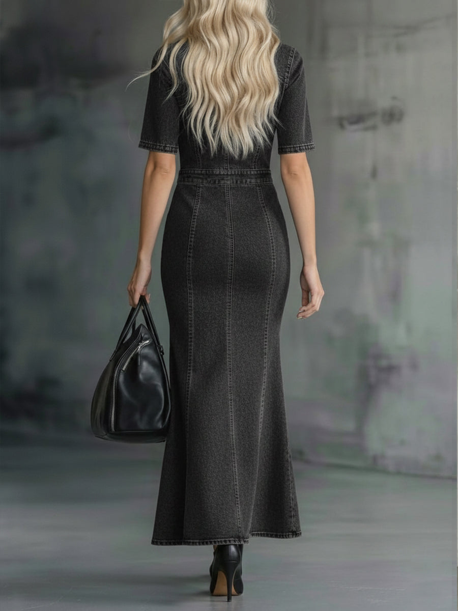 Casual Zippered Denim Fishtail Dress