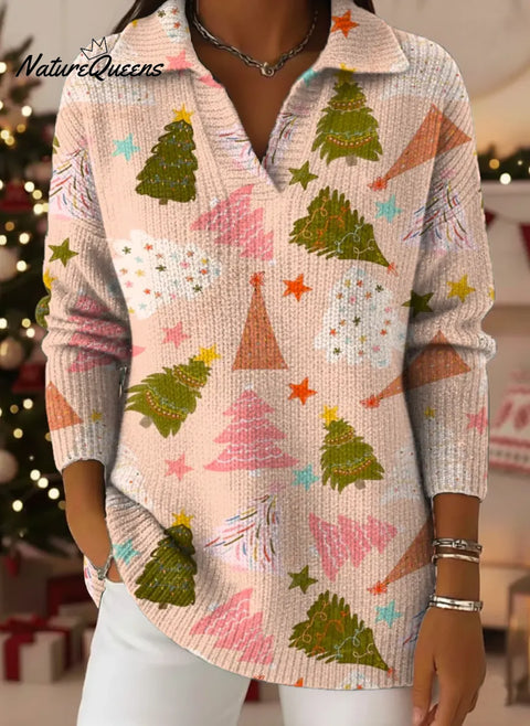 Women's Christmas Tree Pattern Art Print Casual Cotton Sweater