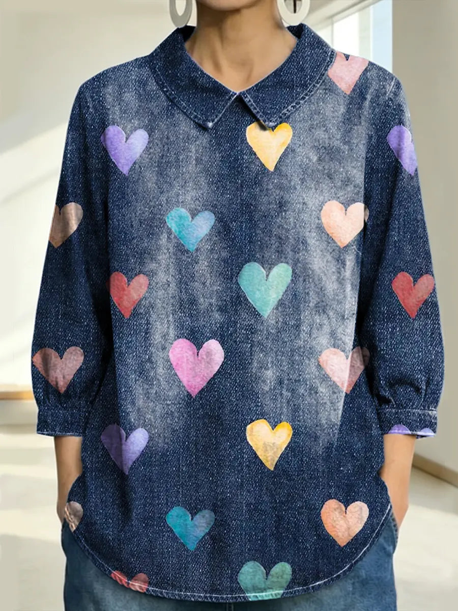 Women's Hearts Love Pattern Art Print Casual Denim 3/4 Sleeve Shirt