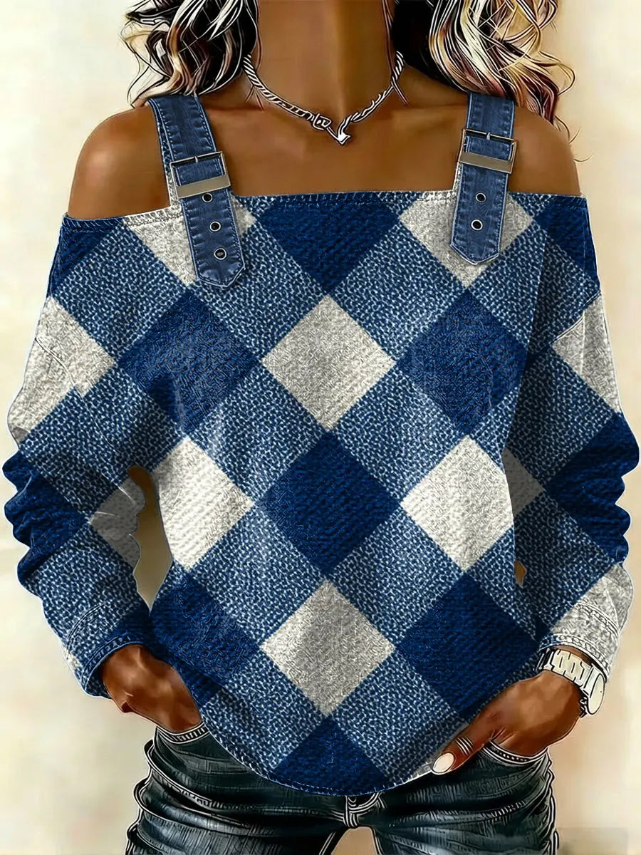 Women‘s Plaid Pattern Art Print Casual Cotton Denim Shirt