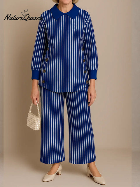Women's Striped Print Peter Pan Collar Long-sleeved Casual Loose Top And High-waisted Striped Print Wide-leg Pants Suit