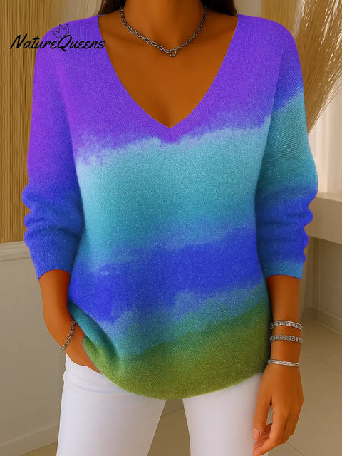 Women's Colorful V-neck Long-sleeved Sequined Casual Loose Sweater