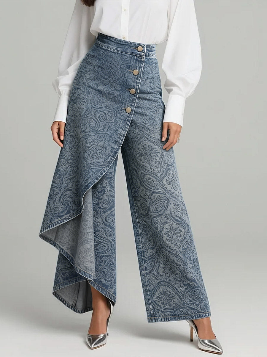Women's Vintage Pattern Print High-waisted Relaxed Fit Wide-leg Jeans With A Stylish Design.