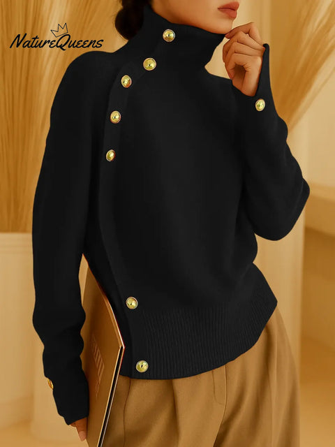 Women's Solid Color Turtleneck Long Sleeve Casual Button Loose Knit Top
