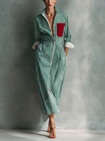 Women's Striped Cotton-linen Shirt-collar Long-sleeve Dress