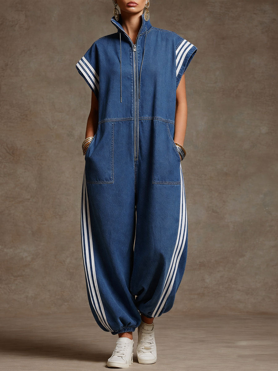 Women's Stand-collar Short-sleeved Casual Loose Denim Wide-leg Jumpsuit
