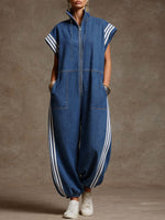Women's Stand-collar Short-sleeved Casual Loose Denim Wide-leg Jumpsuit
