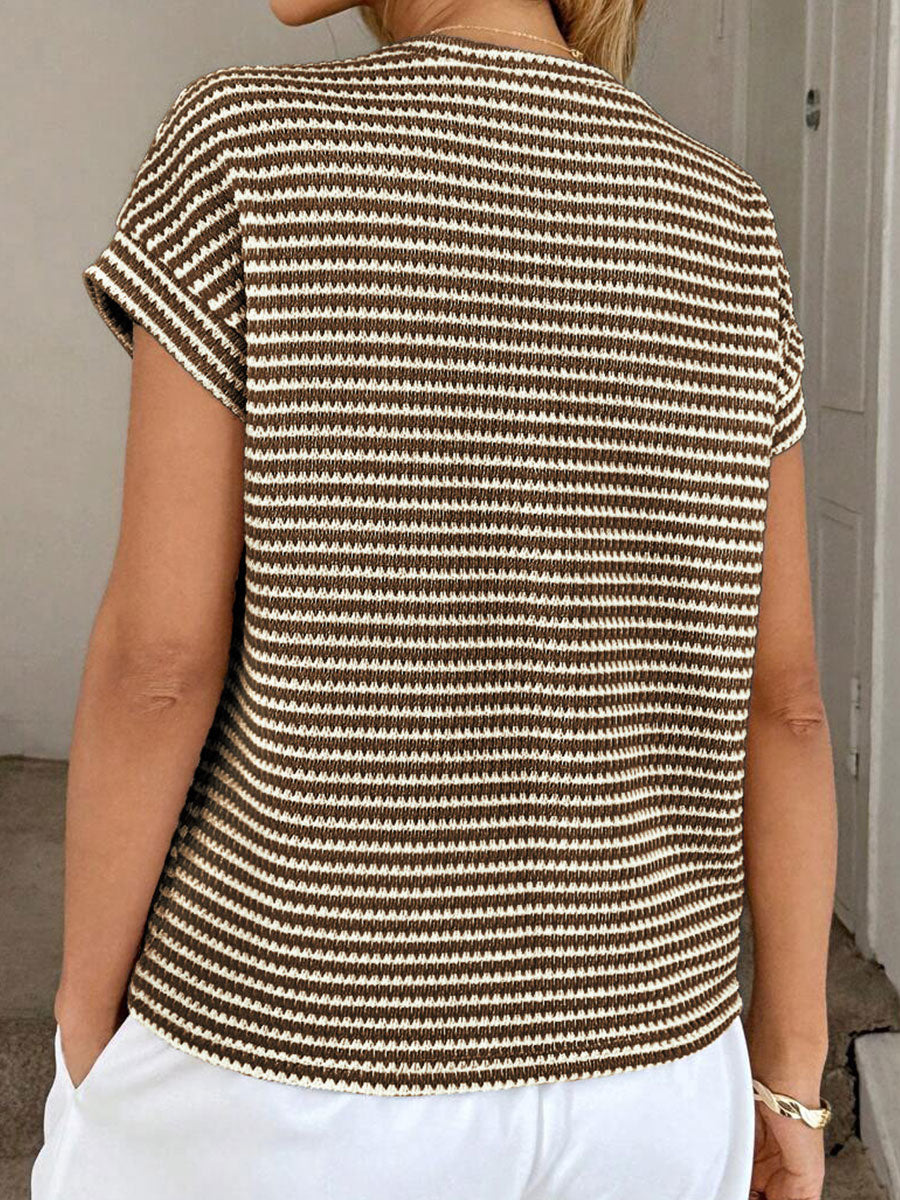 Women's Round Neck Pullover Two-tone Knit Short-sleeved Top