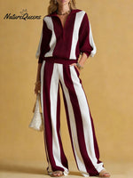 Women's Striped Print Cardigan Collar Three-quarter Sleeve Knitted Top And High-waisted Casual Loose Wide-leg Pants Knitted Set.