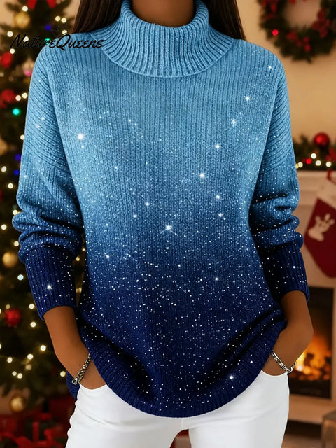 Women's  Stand Collar Casual Loose-fitting Sequined Gradient Knit Sweater